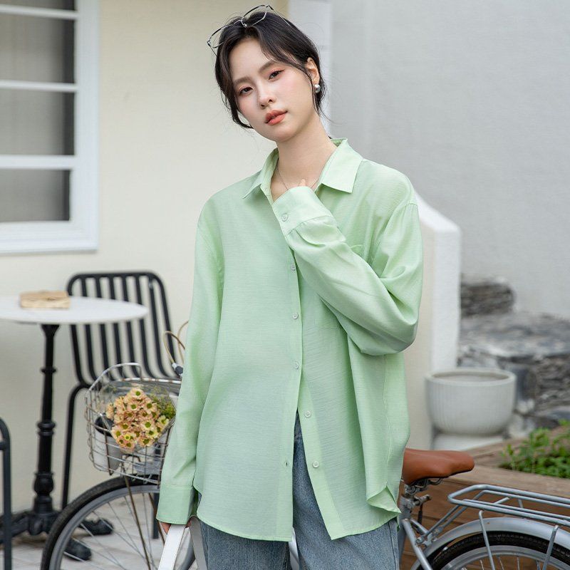 봄 여름 루즈핏 긴팔 셔츠 브이넥 블라우스 데일리룩 오피스룩 시스루 간절기 아우터 - 상세 이미지 2