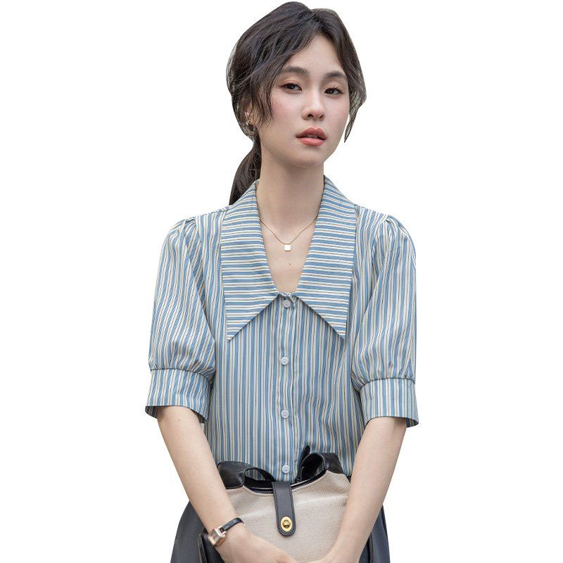 봄 여름 슬림핏 스트라이프 반팔 셔츠 5부소매 빅카라 브이넥 블라우스 데일리룩 출근룩 - 상세 이미지 5