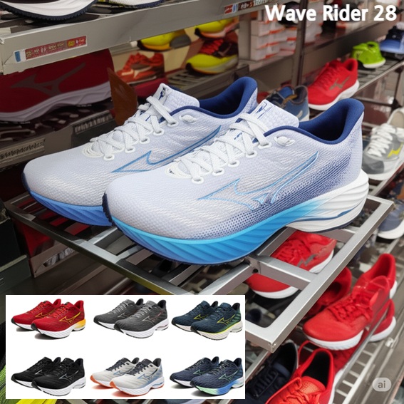 미즈노 클리어런스 웨이브 라이더 28 2E 남성 런닝화 운동화 270 화이트/네이비/블루