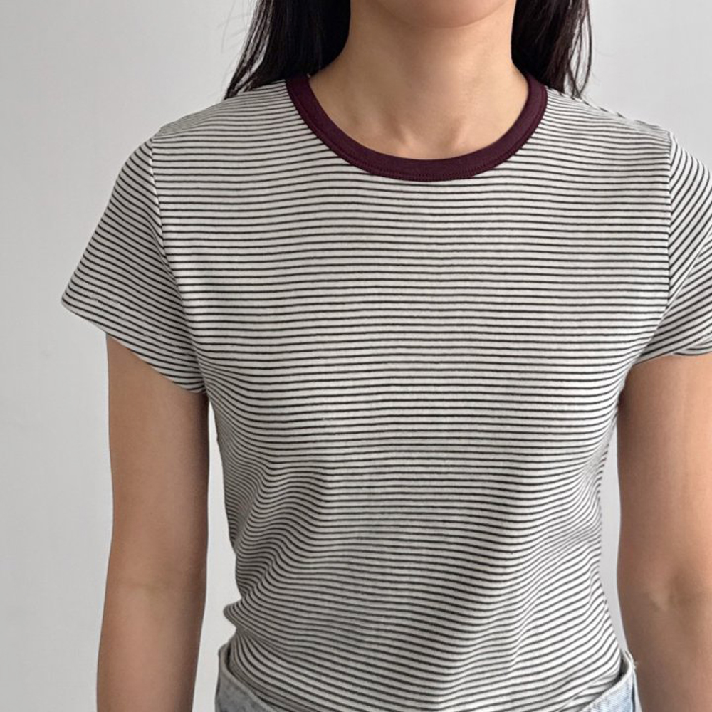 캐주얼 배색 단가라 여름 여성 티셔츠 기본 면 라운드 스트라이프 티셔츠 여자 세미크롭반팔티 - 상세 이미지 2