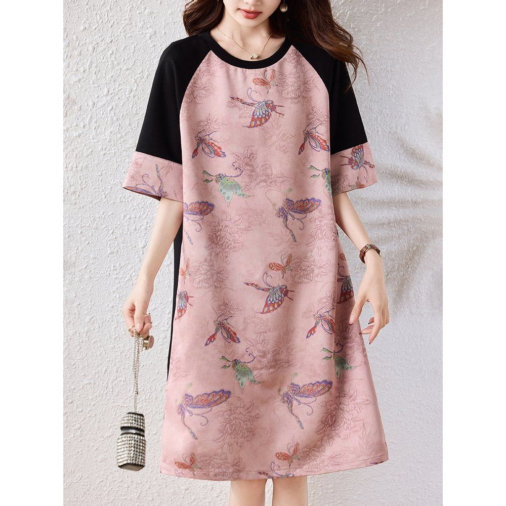 봄 여름 빅사이즈 루즈핏 나그랑 반팔원피스 나비패턴 라운드넥 데일리룩 체형커버 편안한 - 상품 이미지