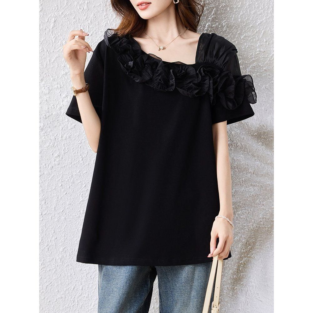 봄 여름 빅사이즈 루즈핏 언발란스 프릴넥 티셔츠 반팔티 데일리룩 체형커버 편안한 폴리소재