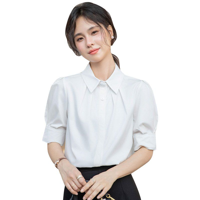 봄 여름 슬림핏 핀턱 반팔 셔츠 5부 퍼프소매 브이넥 블라우스 데일리룩 오피스룩 출근룩 - 상세 이미지 5