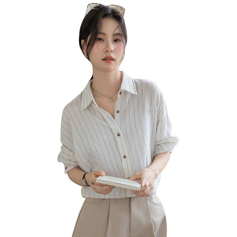 봄 여름 루즈핏 스트라이프 롱셔츠 긴팔 브이넥 블라우스 데일리룩 체형커버 여리여리핏 - 상세 이미지 5
