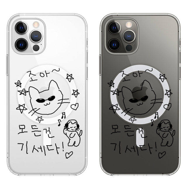 고양이 낙서 드로잉 투명 맥세이프 케이스 - 상품 이미지