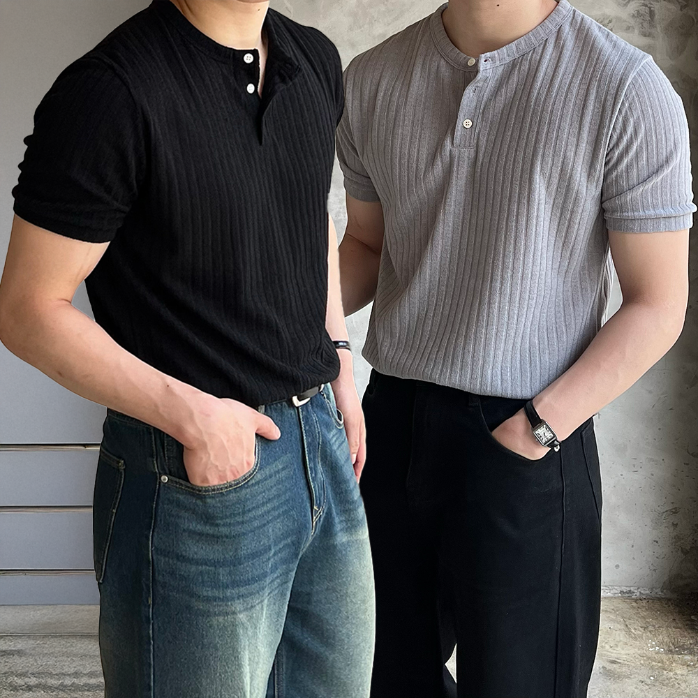 1+1 헨리넥반팔 머슬핏반팔 헨리넥티셔츠 - 상품 이미지