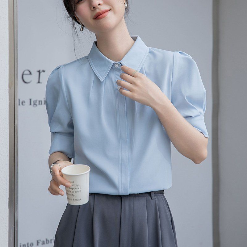 봄 여름 슬림핏 핀턱 반팔 셔츠 5부소매 브이넥 블라우스 데일리룩 오피스룩 출근룩 깔끔한 - 상세 이미지 2