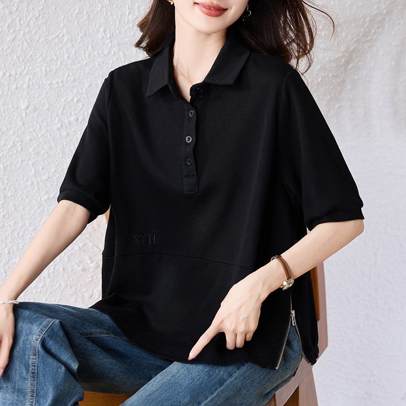 봄 여름 빅사이즈 루즈핏 카라티 옆트임 지퍼 반팔 폴로셔츠 데일리룩 출근룩 오피스룩 - 상세 이미지 4