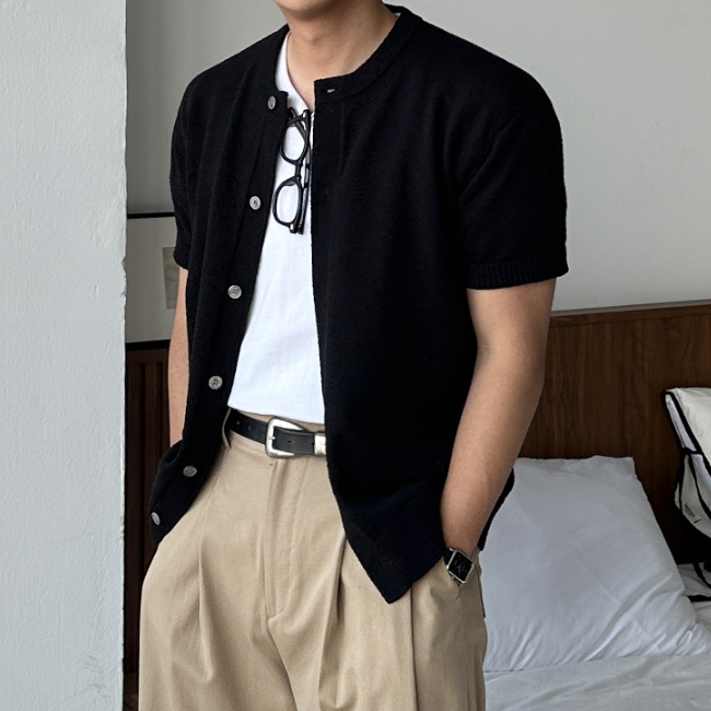 남자 세스 세미 머슬핏 여름 부클 아이스 쿨 헨리넥 반팔 가디건 이미지 7