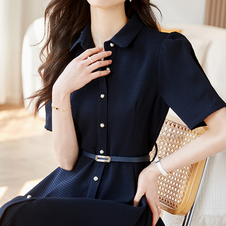러블리해라 여름 A라인 롱원피스 반팔 네이비 여성 하객룩 카라 출근룩 시원한 오피스룩