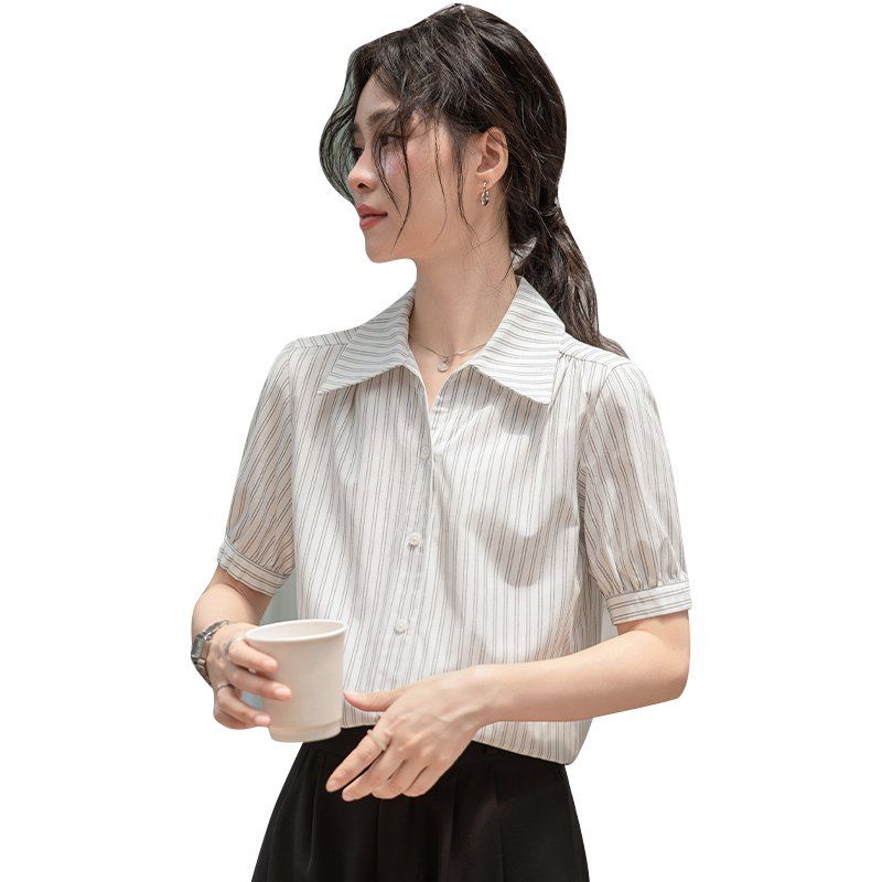 봄 여름 슬림핏 스트라이프 반팔 셔츠 퍼프소매 브이넥 블라우스 데일리룩 오피스룩 출근룩 - 상세 이미지 5