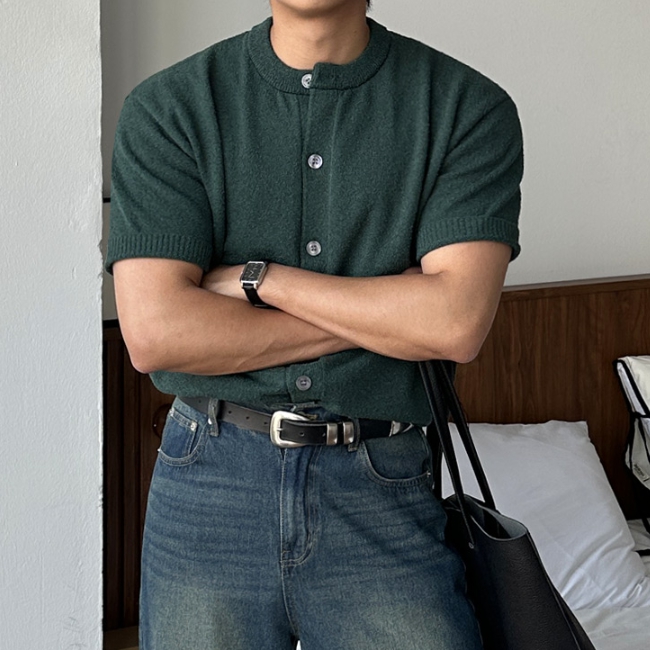남자 세스 세미 머슬핏 여름 부클 아이스 쿨 헨리넥 반팔 가디건 - 상세 이미지 5