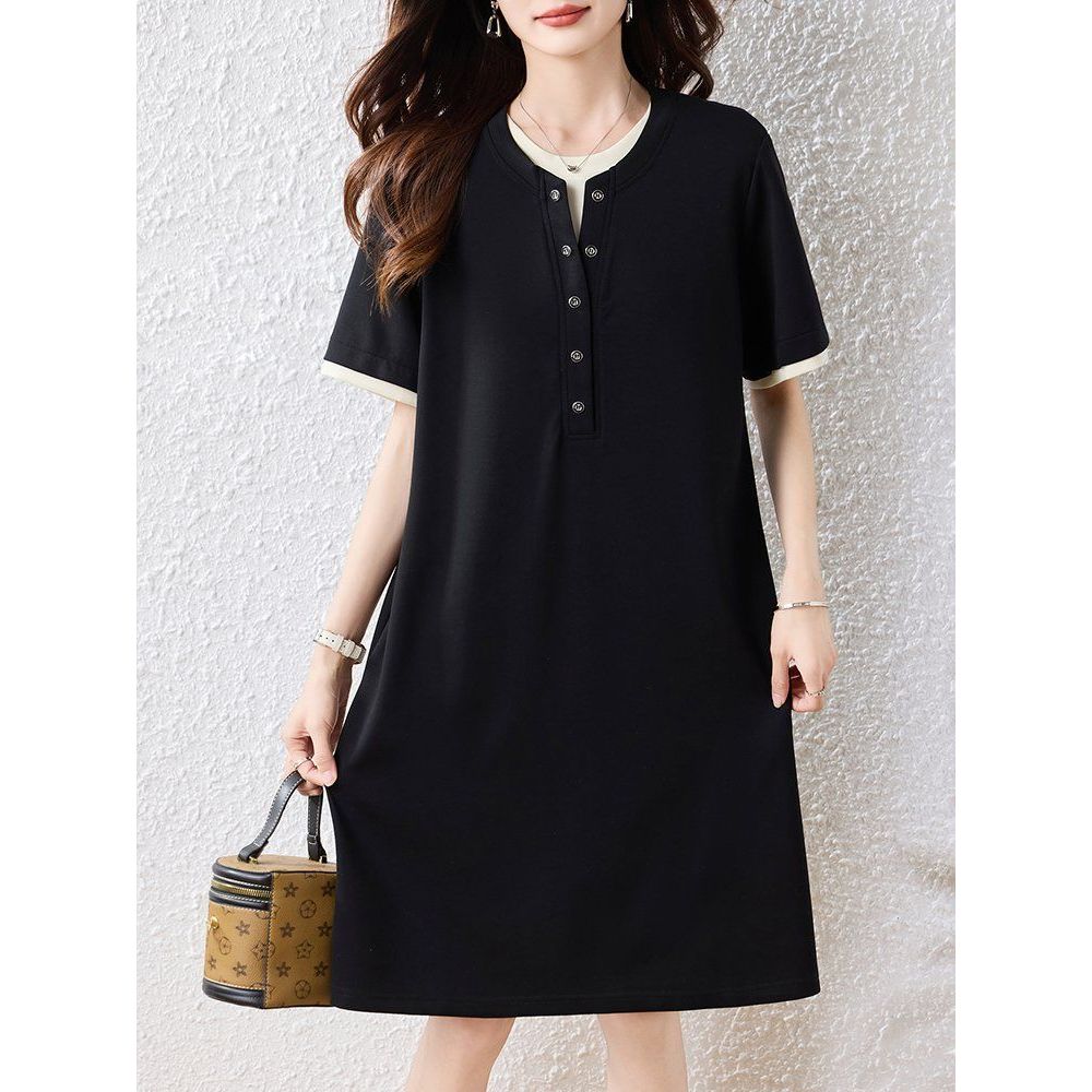 봄 여름 빅사이즈 루즈핏 헨리넥 반팔원피스 배색포인트 데일리룩 체형커버 편안한 폴리소재 - 상품 이미지