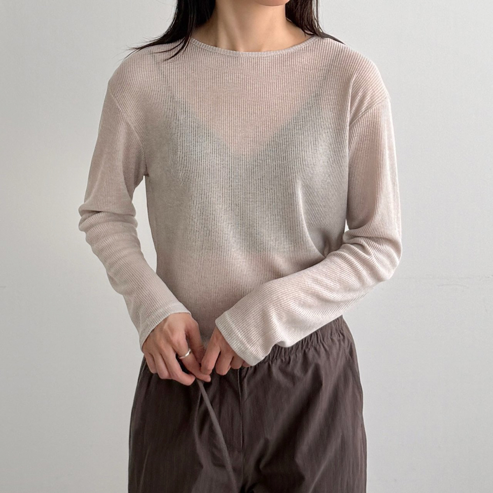루즈핏 라운드 여성 여름 티셔츠 얇은 시스루 레이어드 티셔츠 기본 여자 여름 긴팔티 - 상세 이미지 3
