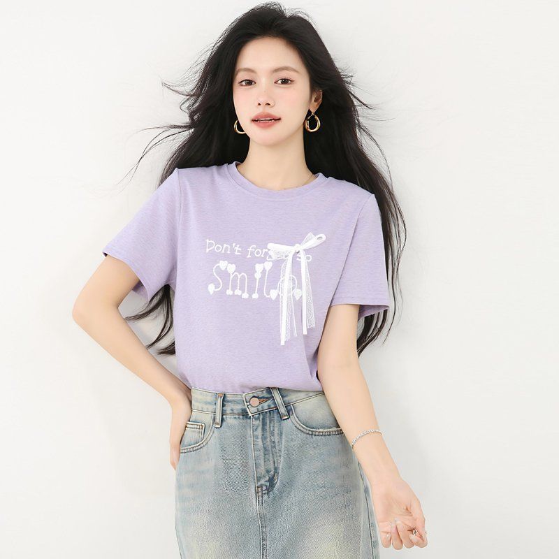 봄 여름 루즈핏 레터링 반팔 티셔츠 리본진주 라운드넥 데일리룩 캐주얼룩 귀여운 - 상세 이미지 5
