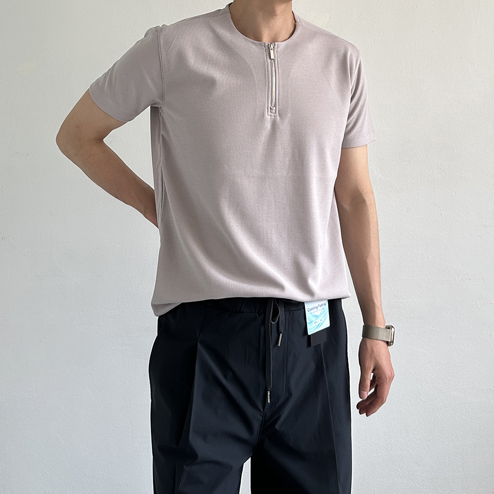 쿨 티셔츠 머슬핏 반팔 구김없는 헨리넥 지퍼 남자 반팔티 - 상세 이미지 4