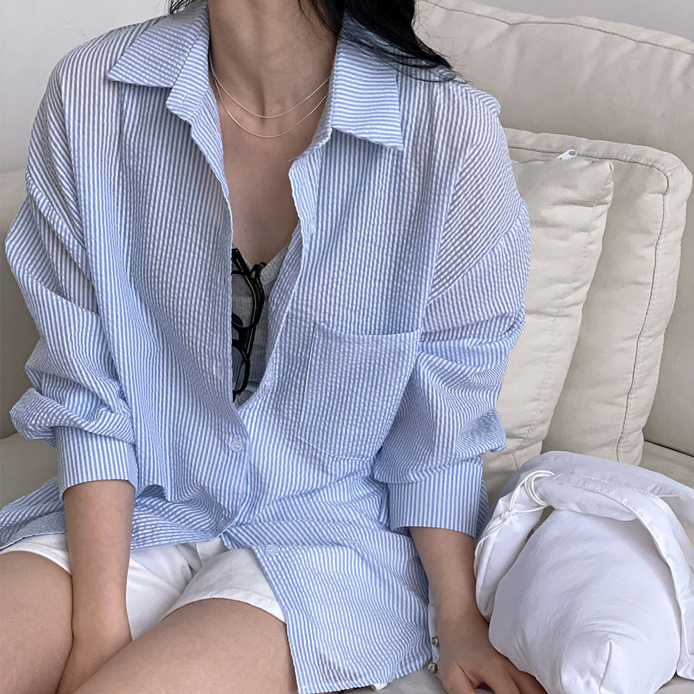 지지미블라우스 시어서커블라우스 지지미셔츠 살안타템 - 메인 이미지