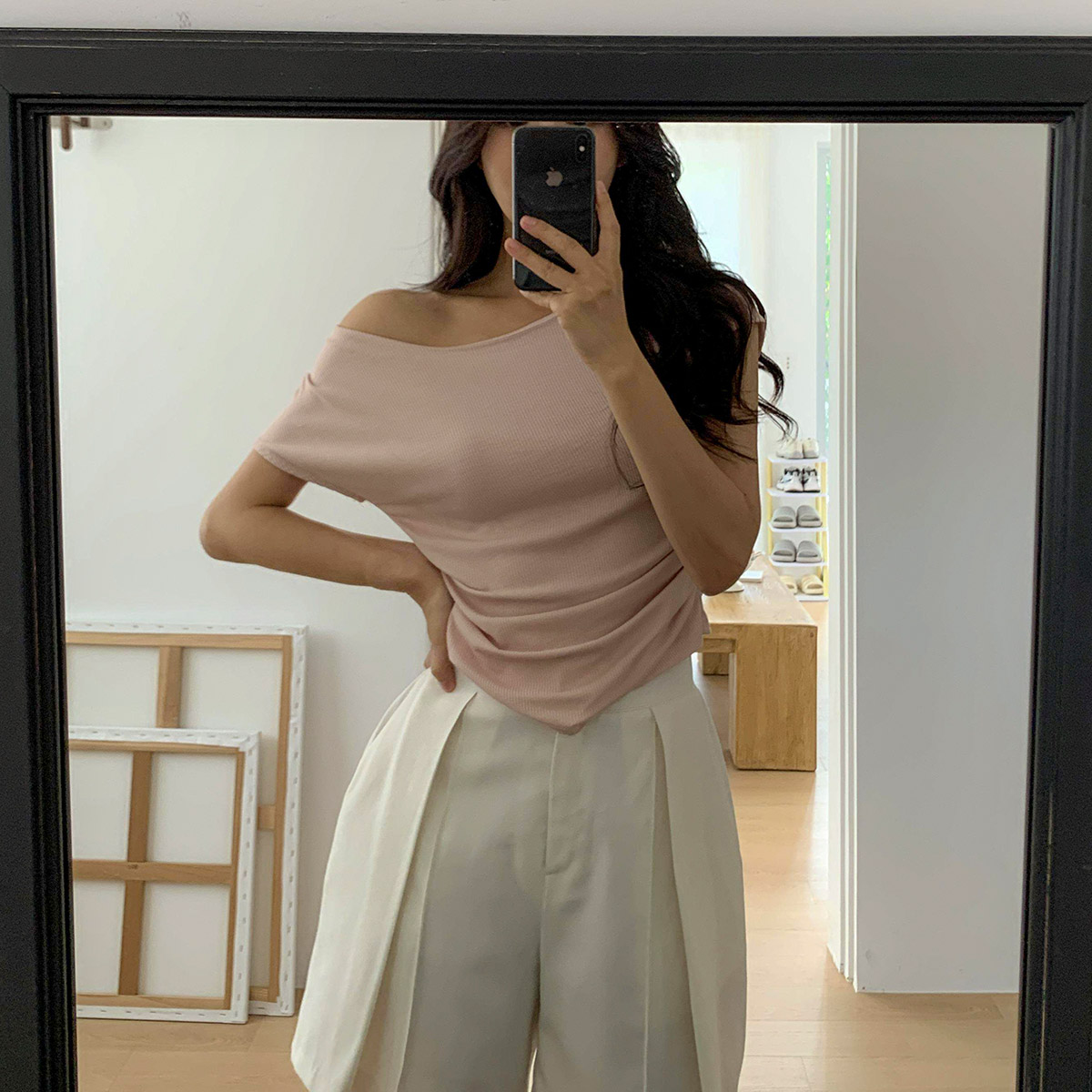 드레이프티 골지반팔 캡소매티 셔링 보트넥티셔츠 언발 - 상세 이미지 3