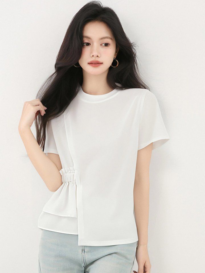봄 여름 루즈핏 언발란스 프릴 티셔츠 반팔 라운드넥 데일리룩 페미닌룩 체형커버 시원한 - 상세 이미지 3
