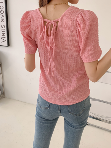 폼나나 Pomnana 슬림핏 주름 초커 반팔 줄리 러플 플리츠 블라우스 - 메인 이미지