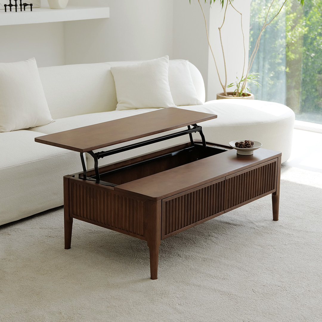 자야캠핑 포르보 직사각 원목 월넛 서랍형 리프트업 거실 소파 테이블