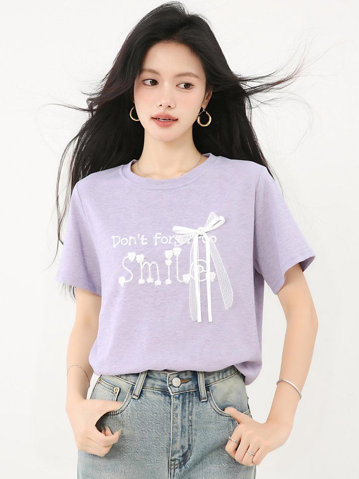 봄 여름 루즈핏 레터링 반팔 티셔츠 리본진주 라운드넥 데일리룩 캐주얼룩 귀여운 - 상세 이미지 3