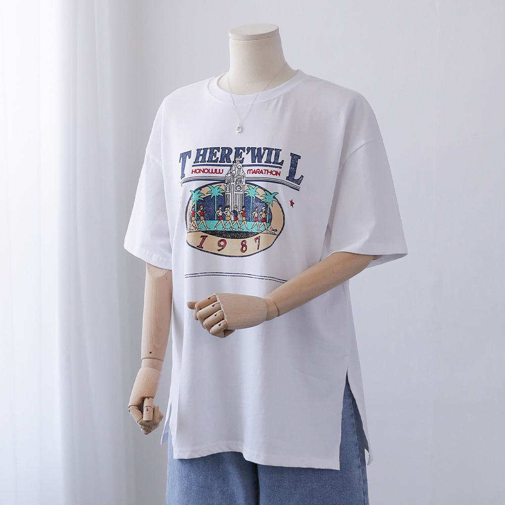 마로티 빈티지 프린팅 슬릿 데일리 여름 반팔 티셔츠 - 상세 이미지 3
