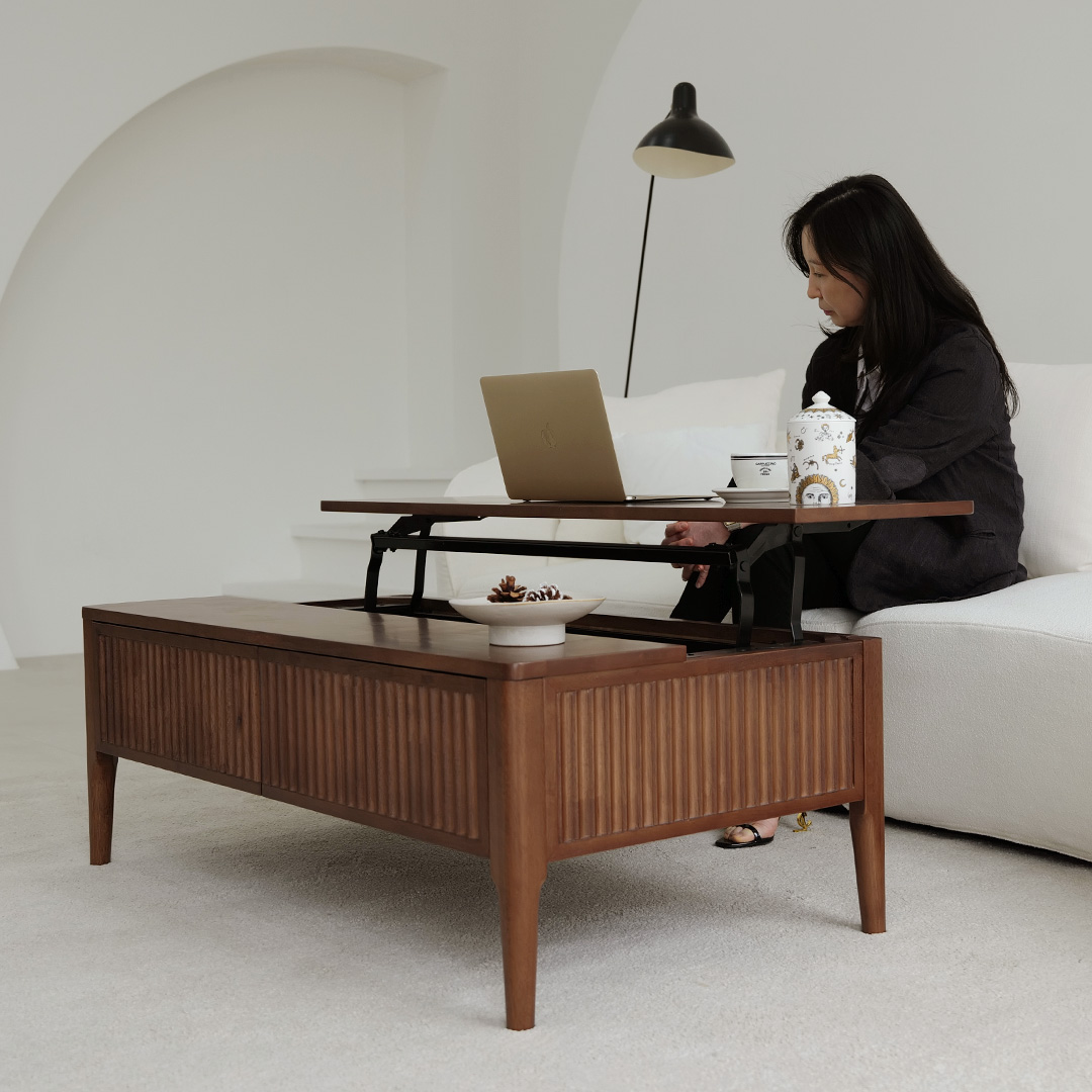 자야캠핑 포르보 직사각 원목 월넛 서랍형 리프트업 거실 소파 테이블