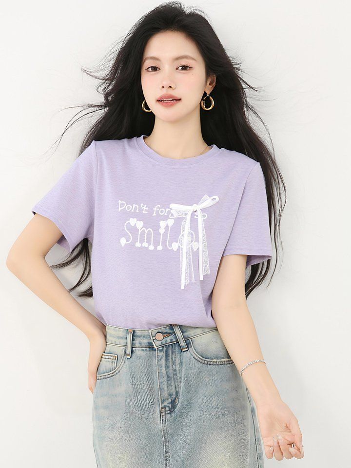 봄 여름 루즈핏 레터링 반팔 티셔츠 리본진주 라운드넥 데일리룩 캐주얼룩 귀여운 - 상세 이미지 4