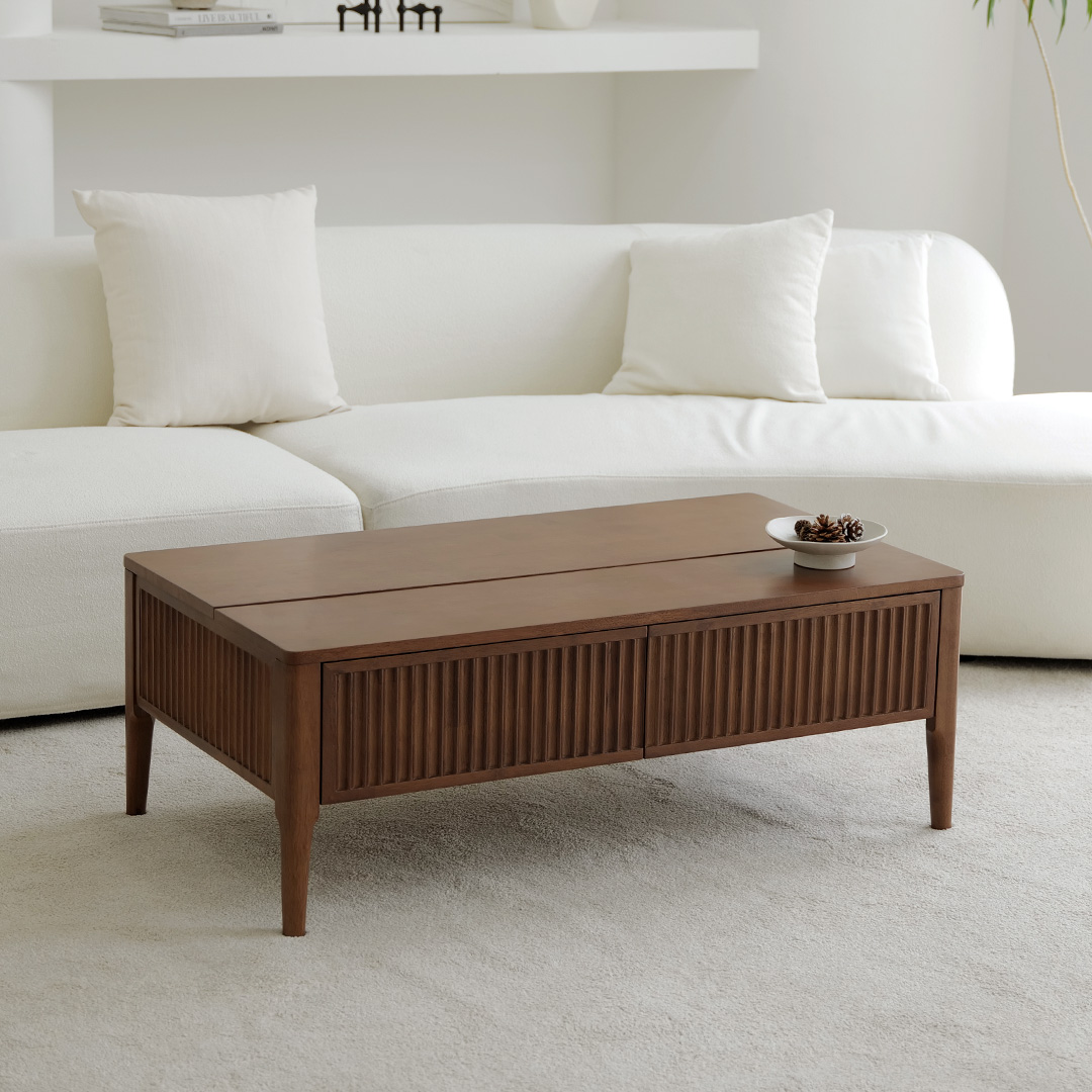자야캠핑 포르보 직사각 원목 월넛 서랍형 리프트업 거실 소파 테이블