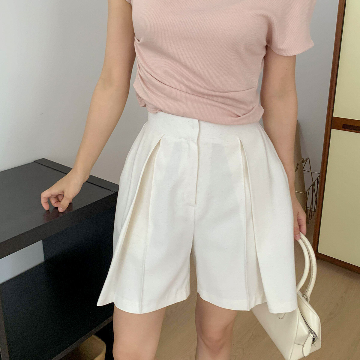하프 슬랙스 반바지 핀턱 4부 린넨반바지 하이웨스트 - 상세 이미지 5