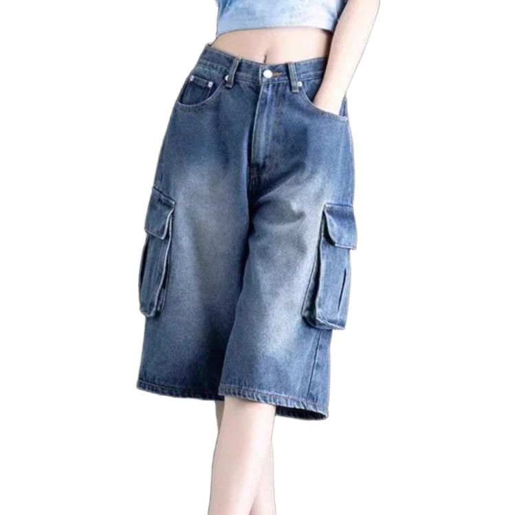 여성 하이웨스트 데님 카고반바지 와이드핏 5부 bying24 파란색 L(57.5-65kg) - 상세 이미지 4