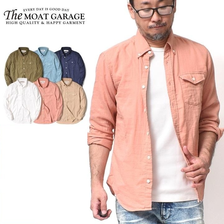 Moat Garage 아메카지 더블 코튼 긴팔 버튼다운 셔츠 남성 M 흰색 - 메인 이미지