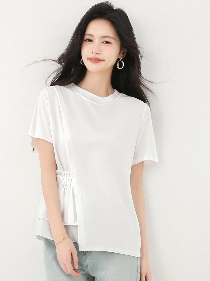봄 여름 루즈핏 언발란스 프릴 티셔츠 반팔 라운드넥 데일리룩 페미닌룩 체형커버 시원한 - 상세 이미지 2