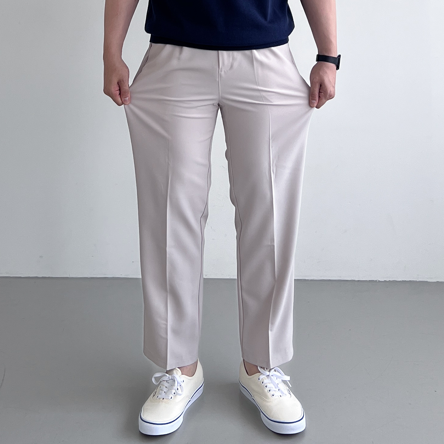 남자 세미와이드 링클프리 슬랙스 봄 여름 정장바지 뒷밴딩 9부 스판 팬츠 빅 사이즈 - 상세 이미지 2