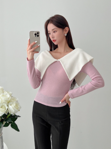 폼나나 Pomnana 슬림핏 투톤 긴팔 빅카라 기본 레이어드 티셔츠 - 상품 이미지