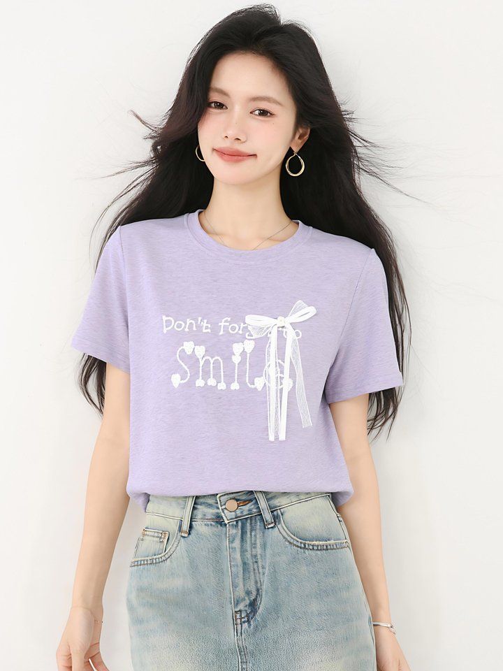 봄 여름 루즈핏 레터링 반팔 티셔츠 리본진주 라운드넥 데일리룩 캐주얼룩 귀여운 - 상세 이미지 2