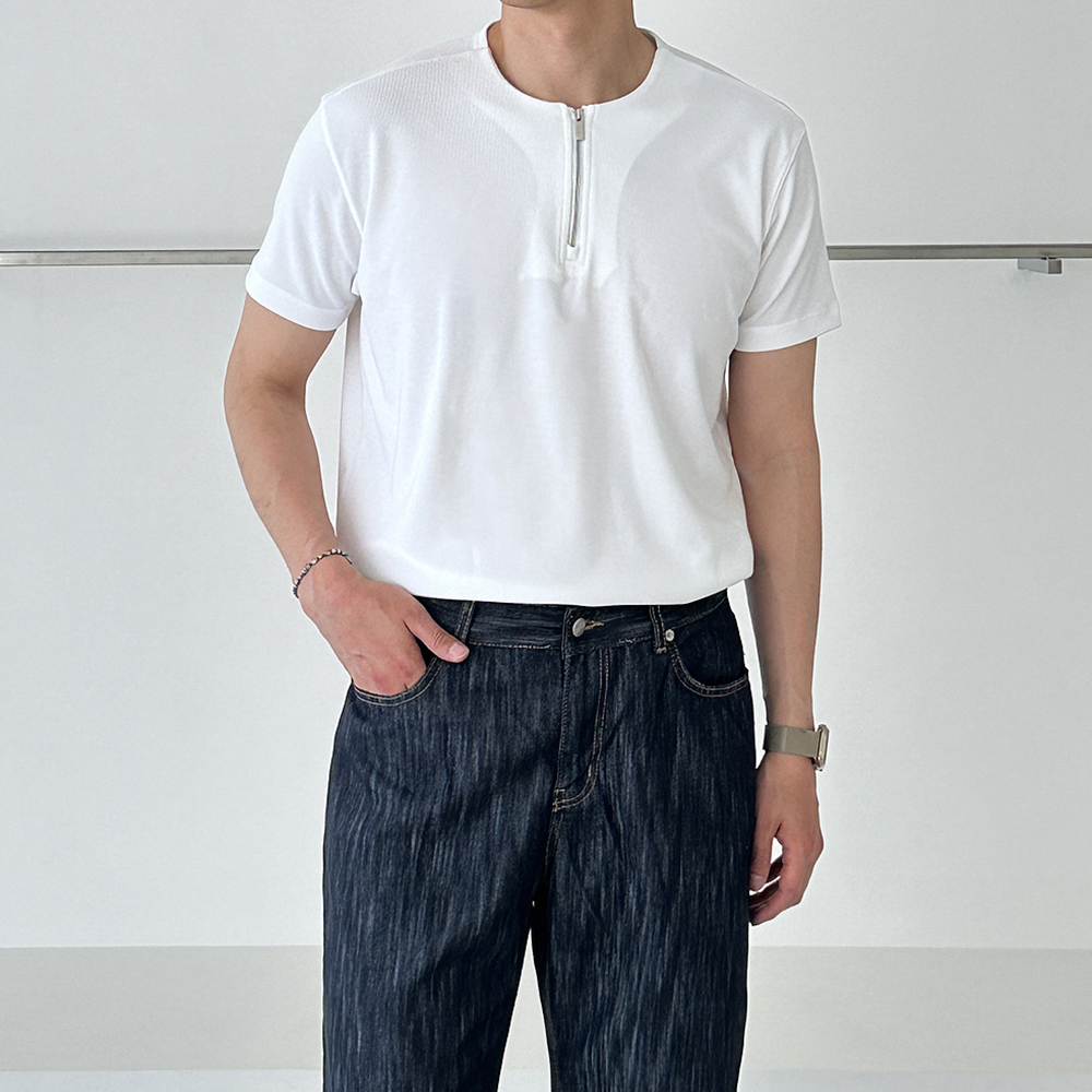 쿨 티셔츠 머슬핏 반팔 구김없는 헨리넥 지퍼 남자 반팔티 - 상품 이미지