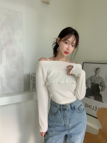 폼나나 슬림핏 오픈숄더 나시 레이어드 날라리 캐주얼 데일리 상의세트 - 상품 이미지