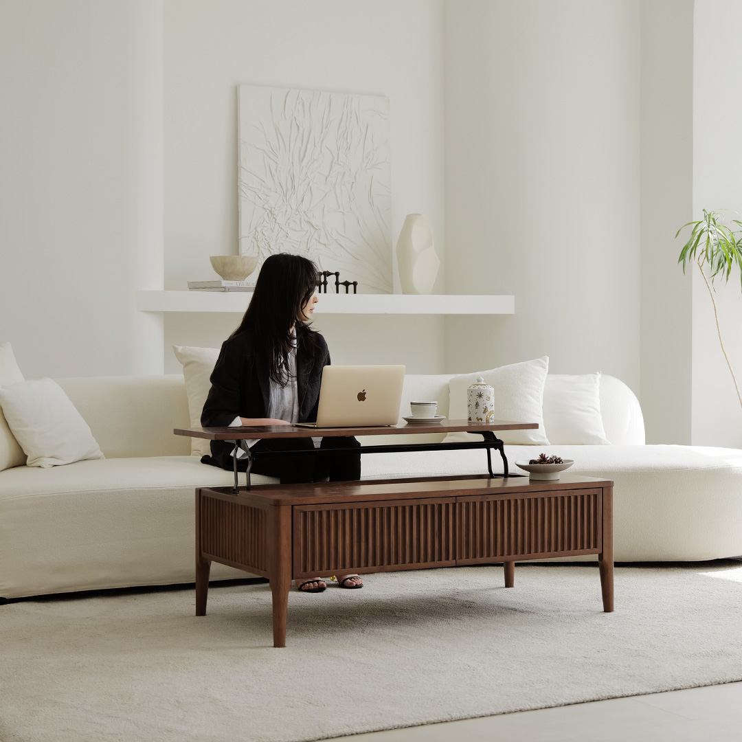 자야캠핑 포르보 직사각 원목 월넛 서랍형 리프트업 거실 소파 테이블