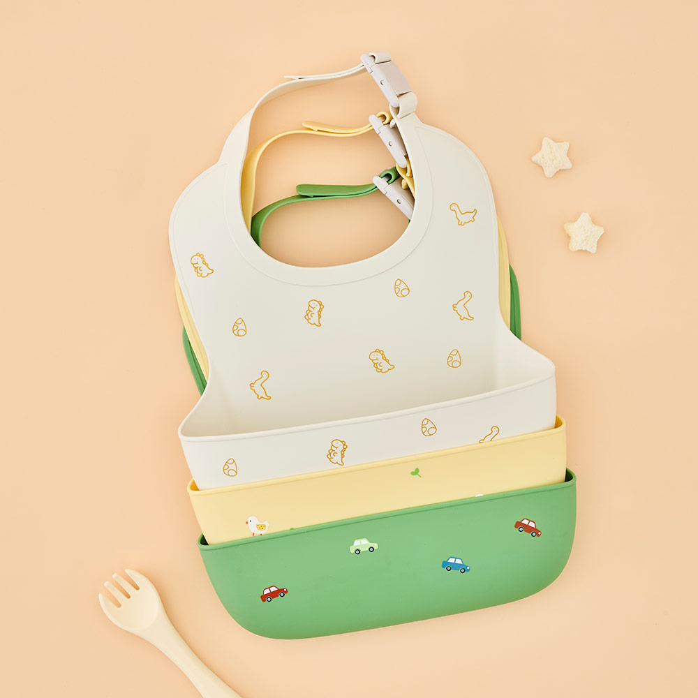 퍼기 버클형 실리콘 이유식 자기주도 방수 어린이집 유치원 아기 턱받이 버터옐로우