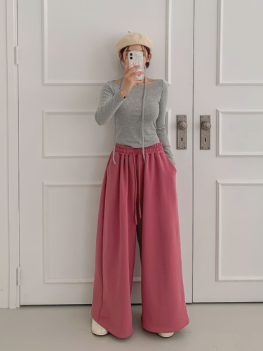 폼나나 Pomnana 루즈핏 트레이닝 허리끈 기모통와이드 가을 겨울 팬츠 - 상세 이미지 4