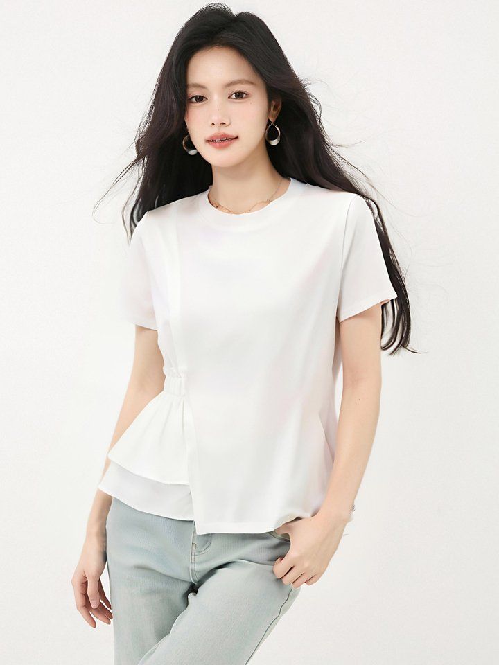 봄 여름 루즈핏 언발란스 프릴 티셔츠 반팔 라운드넥 데일리룩 페미닌룩 체형커버 시원한 - 상세 이미지 4
