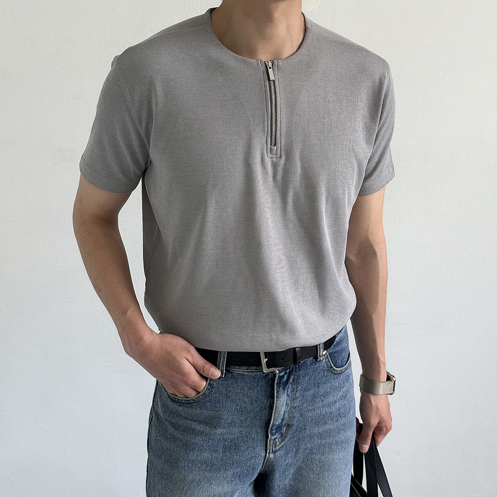 쿨 티셔츠 머슬핏 반팔 구김없는 헨리넥 지퍼 남자 반팔티 - 상세 이미지 2