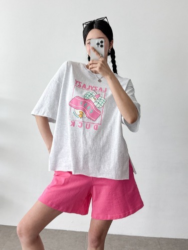 폼나나 오버핏 옆트임 티셔츠 반바지 잠옷 코지 홈웨어 캐주얼 상하의세트 - 상품 이미지