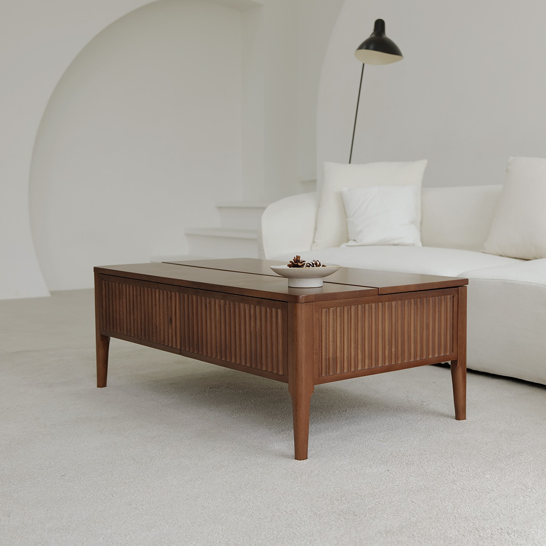 자야캠핑 포르보 직사각 원목 월넛 서랍형 리프트업 거실 소파 테이블