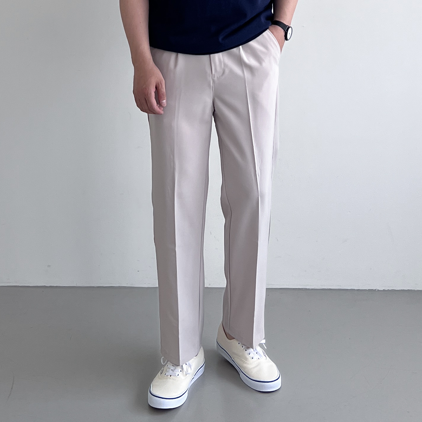 남자 세미와이드 링클프리 슬랙스 봄 여름 정장바지 뒷밴딩 9부 스판 팬츠 빅 사이즈 - 상세 이미지 4