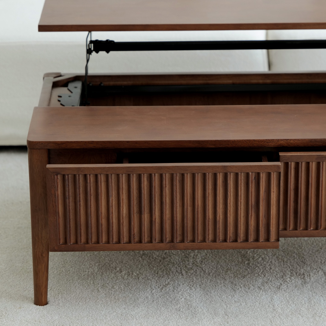 자야캠핑 포르보 직사각 원목 월넛 서랍형 리프트업 거실 소파 테이블