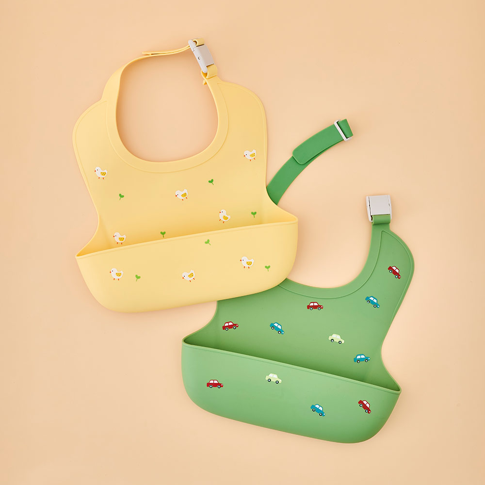 퍼기 버클형 실리콘 이유식 자기주도 방수 어린이집 유치원 아기 턱받이 버터옐로우