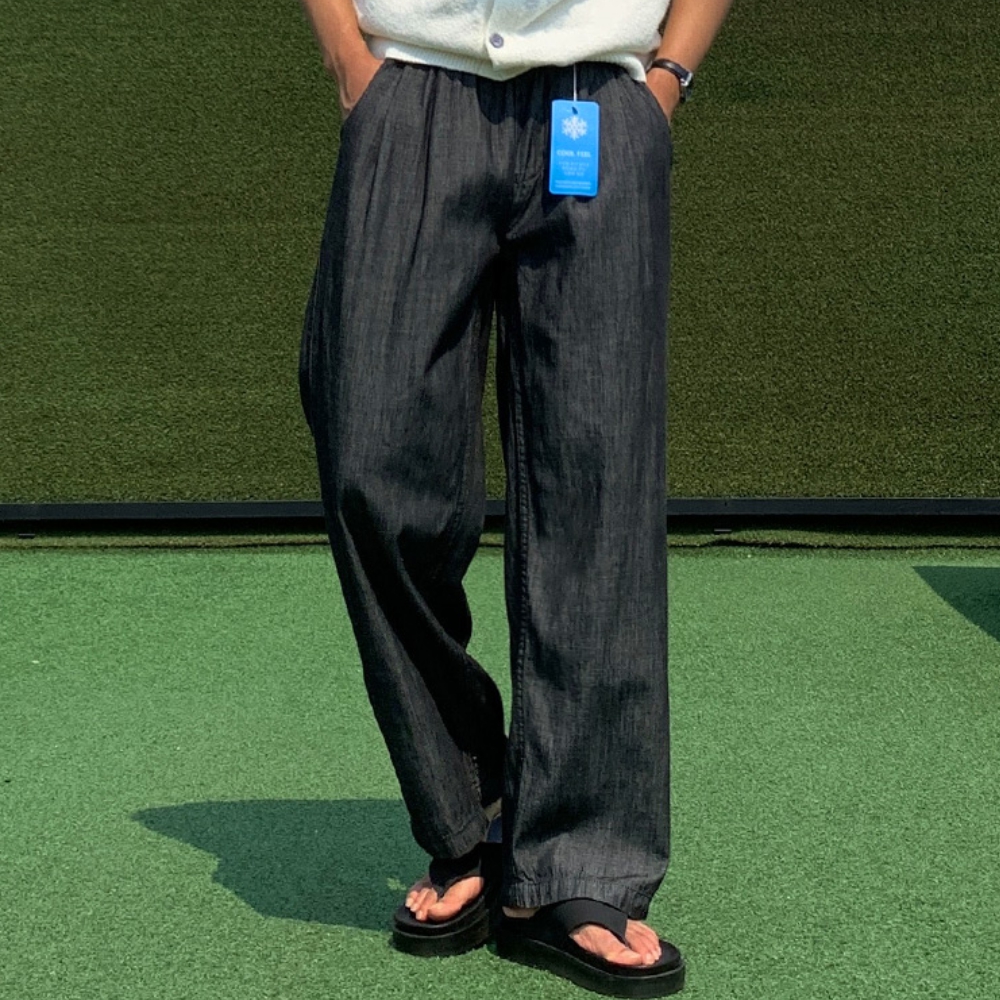 남자 로즈 여름 핀턱 아이스 쿨링 린넨 밴딩 와이드 청바지